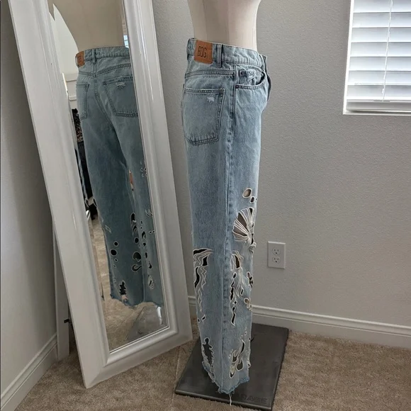 BDG Light Blue Flare Jeans with Artistic Patterns - Picture 13 of 15